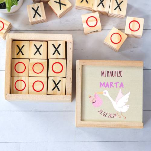 Juego 3 en raya personalizado con grabación " Cigüeña" Detalles invitados bautizo - Juegos personalizados de bautizo