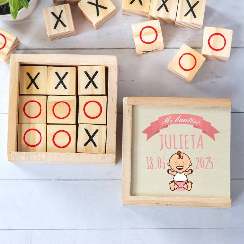 Juego 3 en raya personalizado con grabación "Galleta" Detalles invitados bautizo - Juegos personalizados de bautizo