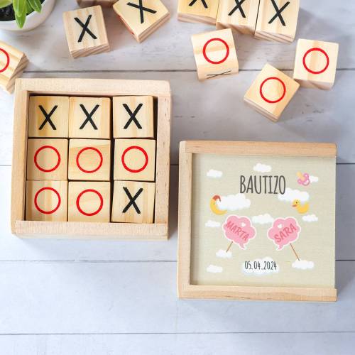 Juego 3 en raya personalizado con grabación "Gemelas nubes" Detalles invitados bautizo - Juegos personalizados de bautizo