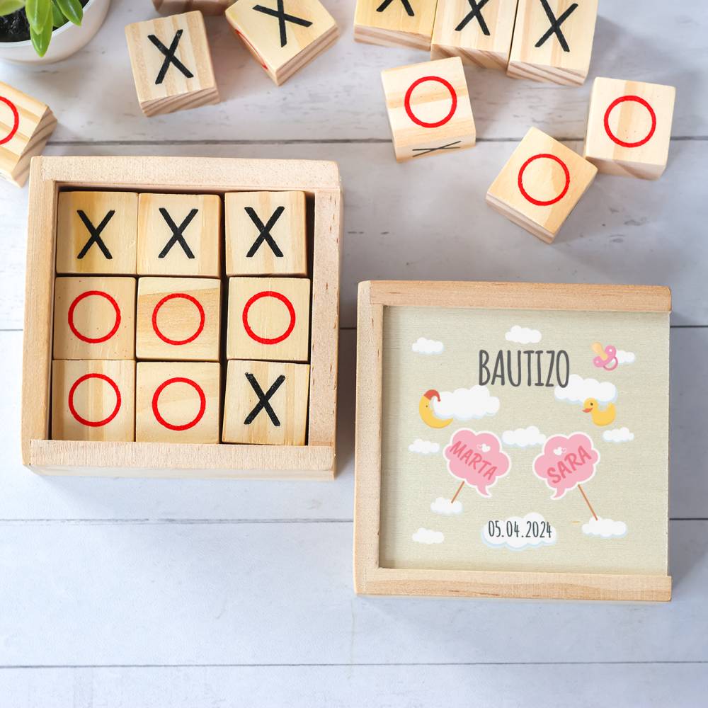 Juego 3 en raya personalizado con grabación "Gemelas nubes" Detalles invitados bautizo - Juegos personalizados de bautizo