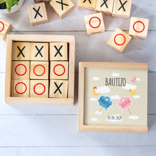 Juego 3 en raya personalizado con grabación "Mellizos Nubes" Detalles invitados bautizo - Juegos personalizados de bautizo