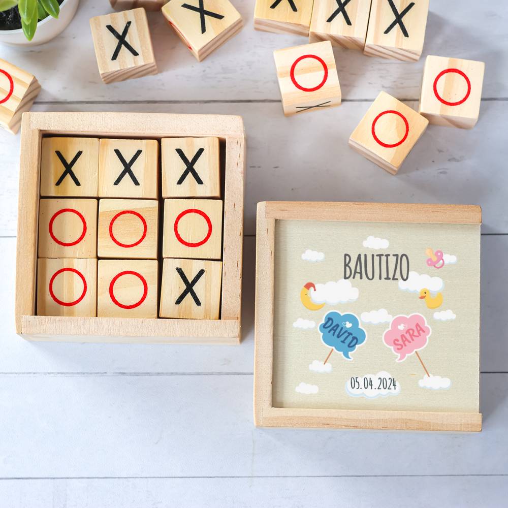 Juego 3 en raya personalizado con grabación "Mellizos Nubes" Detalles invitados bautizo - Juegos personalizados de bautizo