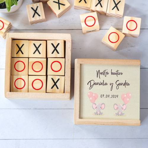Juego 3 en raya personalizado con grabación "Gemelas Elefantes" Detalles invitados bautizo - Juegos personalizados de bautizo