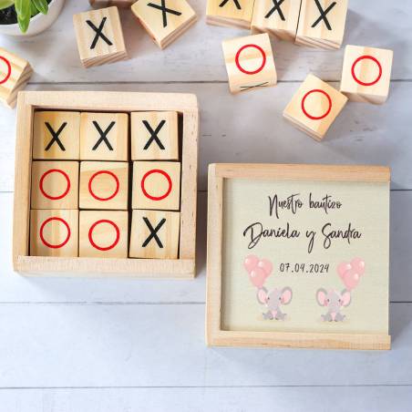 Juego 3 en raya personalizado con grabación "Gemelas Elefantes" Detalles invitados bautizo - Juegos personalizados de bautizo