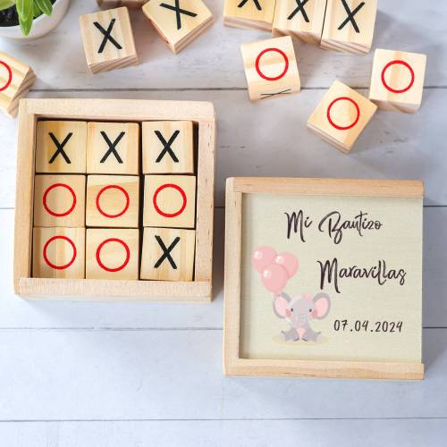 Juego 3 en raya personalizado con grabación "Elefante Niña" Detalles invitados bautizo - Juegos personalizados de bautizo