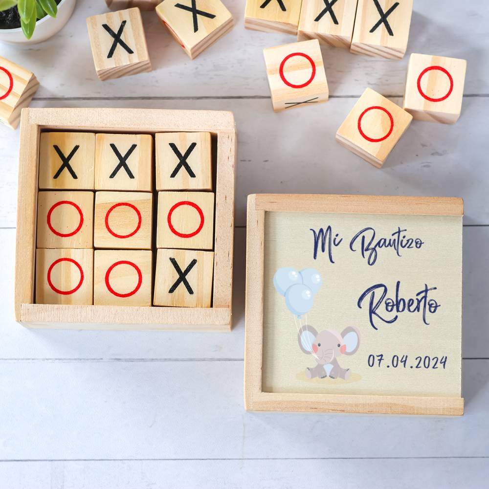Juego 3 en raya personalizado con grabación "Elefante Niño" Detalles invitados bautizo - Juegos personalizados de bautizo