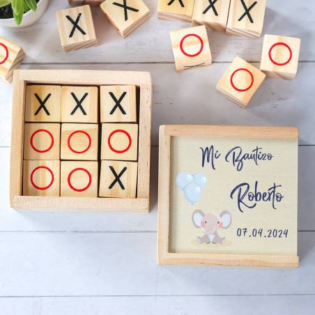 Juego 3 en raya personalizado con grabación "Elefante Niño" Detalles invitados bautizo - Juegos personalizados de bautizo