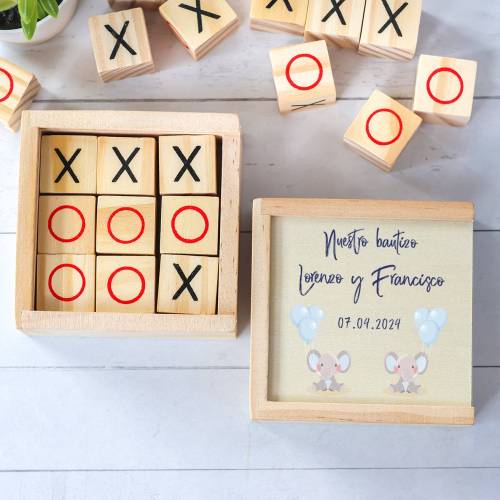 Juego 3 en raya personalizado con grabación "Gemelos Elefantes" Detalles invitados bautizo - Juegos personalizados de bautizo