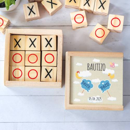 Juego 3 en raya personalizado con grabación "Gemelos Nubes" Detalles invitados bautizo - Juegos personalizados de bautizo