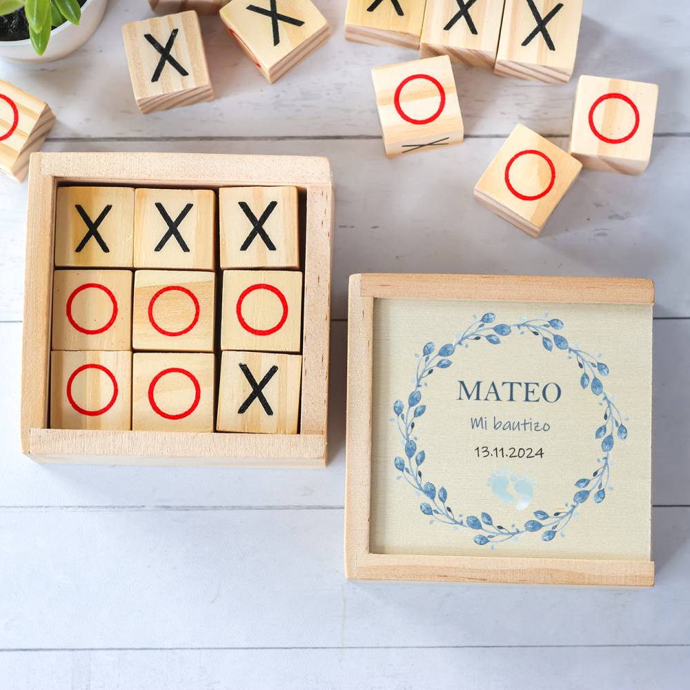 Juego 3 en raya personalizado con grabación "Huellas Niño" Detalles invitados bautizo - Juegos personalizados de bautizo