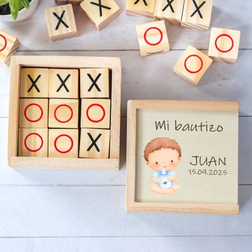 Juego 3 en raya personalizado con grabación "Bebé Niño" Detalles invitados bautizo - Juegos personalizados de bautizo