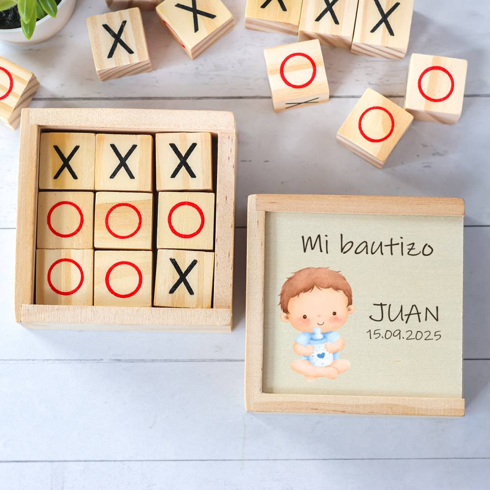 Juego 3 en raya personalizado con grabación "Bebé Niño" Detalles invitados bautizo - Juegos personalizados de bautizo