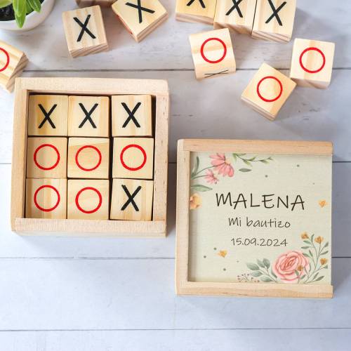 Juego 3 en raya personalizado con grabación "Flores" Detalles invitados bautizo - Juegos personalizados de bautizo