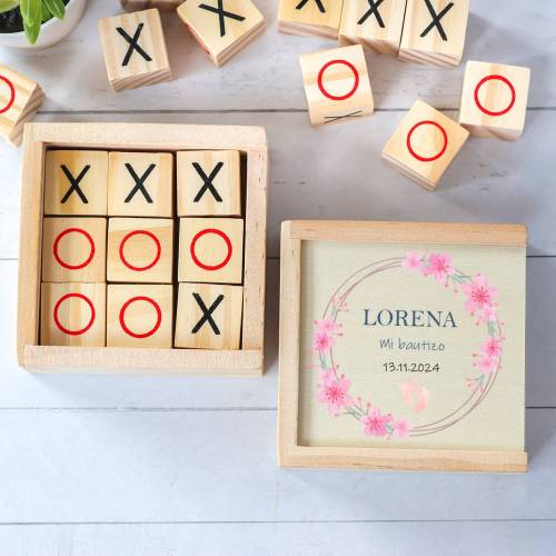 Juego 3 en raya personalizado con grabación "Huellas Niña" Detalles invitados bautizo - Juegos personalizados de bautizo