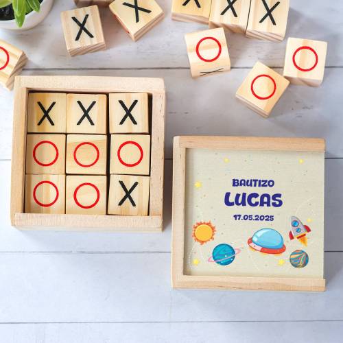 Juego 3 en raya personalizado con grabación "Espacio" Detalles invitados bautizo - Juegos personalizados de bautizo