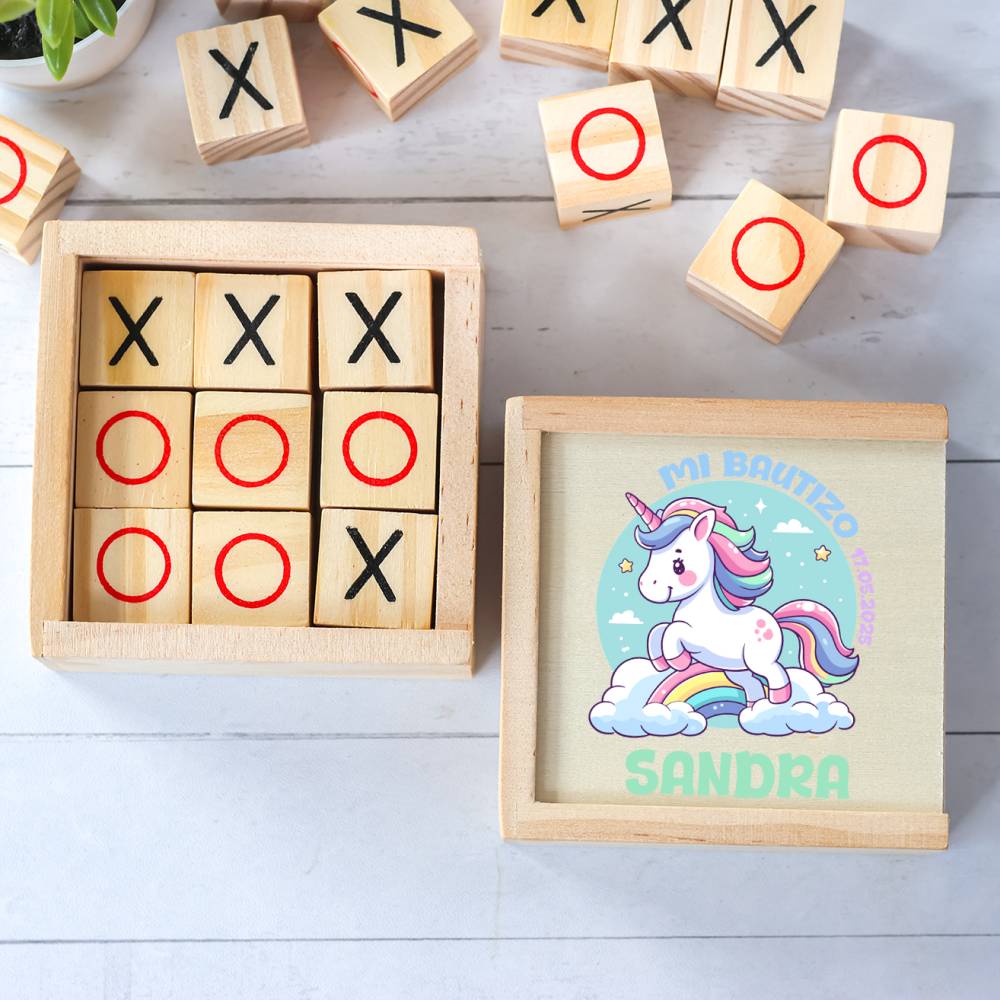 Juego 3 en raya personalizado con grabación "Unicornio" Detalles invitados bautizo - Juegos personalizados de bautizo