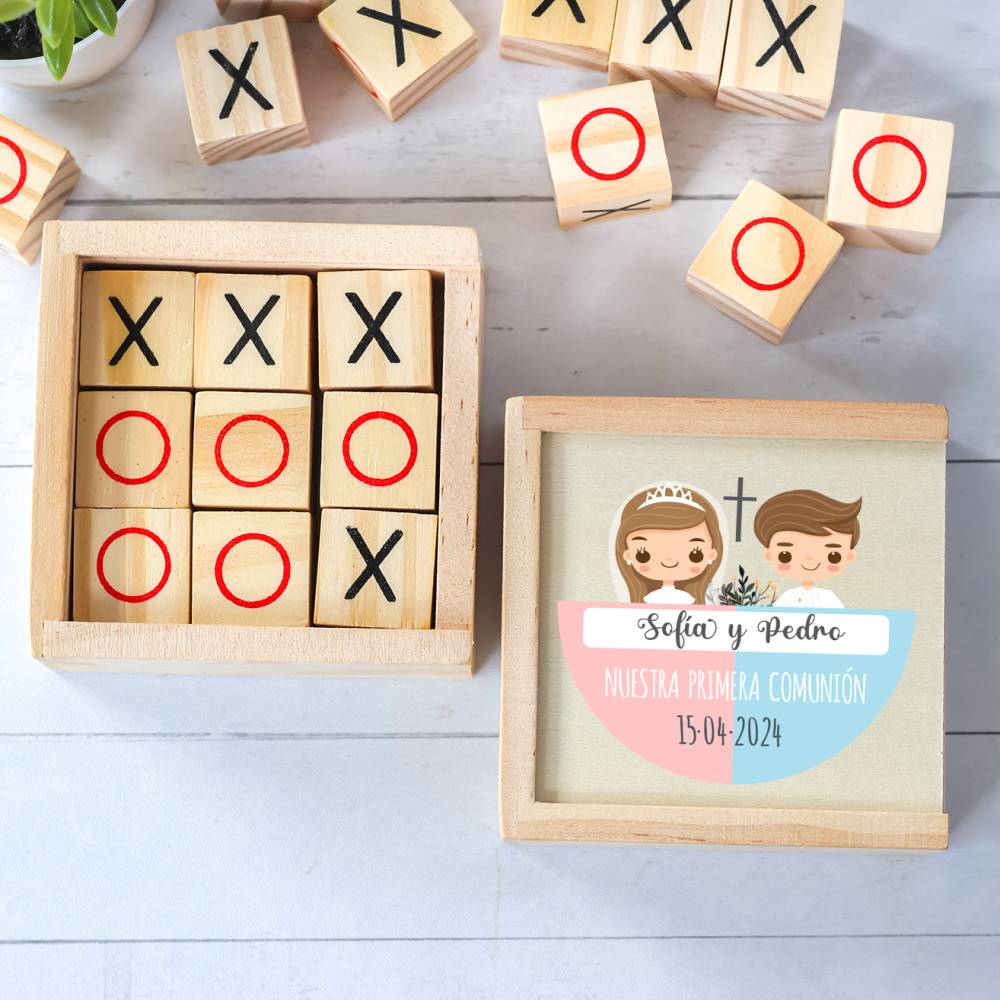 Juego 3 en raya personalizado con grabación "Mellizos" Detalles invitados comunión - Juegos personalizados de comunión