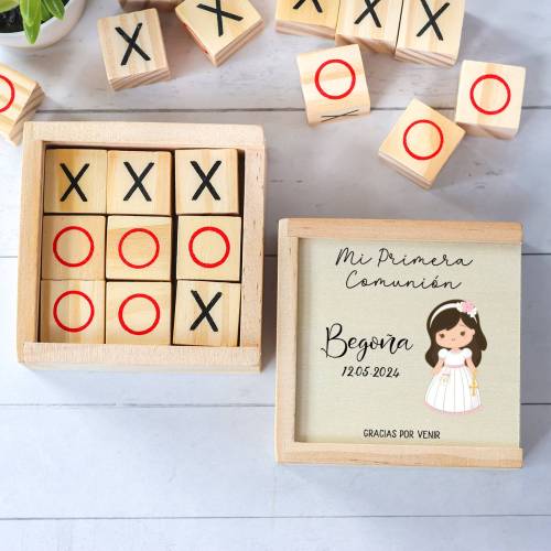 Juego 3 en raya personalizado con grabación "Beige Niña" Detalles invitados comunión - Juegos personalizados de comunión