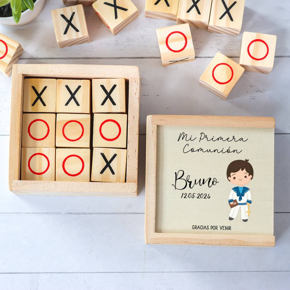 Juego 3 en raya personalizado con grabación "Beige Niño" Detalles invitados comunión - Juegos personalizados de comunión