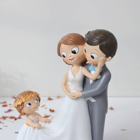 Figura Novios con Hija para Tarta de Boda, Decoración Original 21,5 cm, Detalle Emotivo para Novios - Figuras tarta