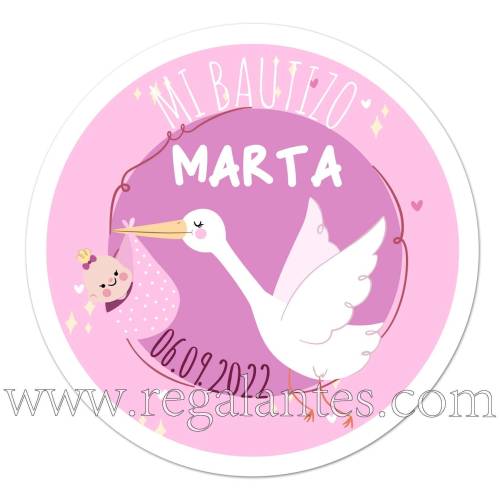 Pegatina personalizada para bautizo de niña con cigüeña - Pegatinas Y Etiquetas Personalizadas Bautizo