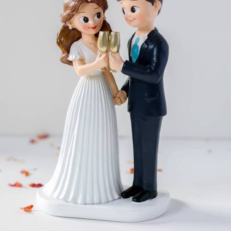 Figura Novios Tarta Boda con Copas Doradas, 19,5 cm, Adorno Tarta Pastel - Figuras tarta