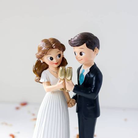 Figura Novios Tarta Boda con Copas Doradas, 19,5 cm, Adorno Tarta Pastel - Figuras tarta