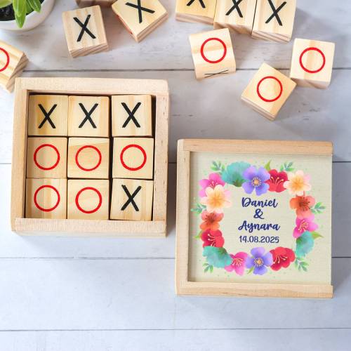 Juego 3 en raya personalizado con grabación "Tropical flores" Detalles invitados boda - Juegos personalizados de boda