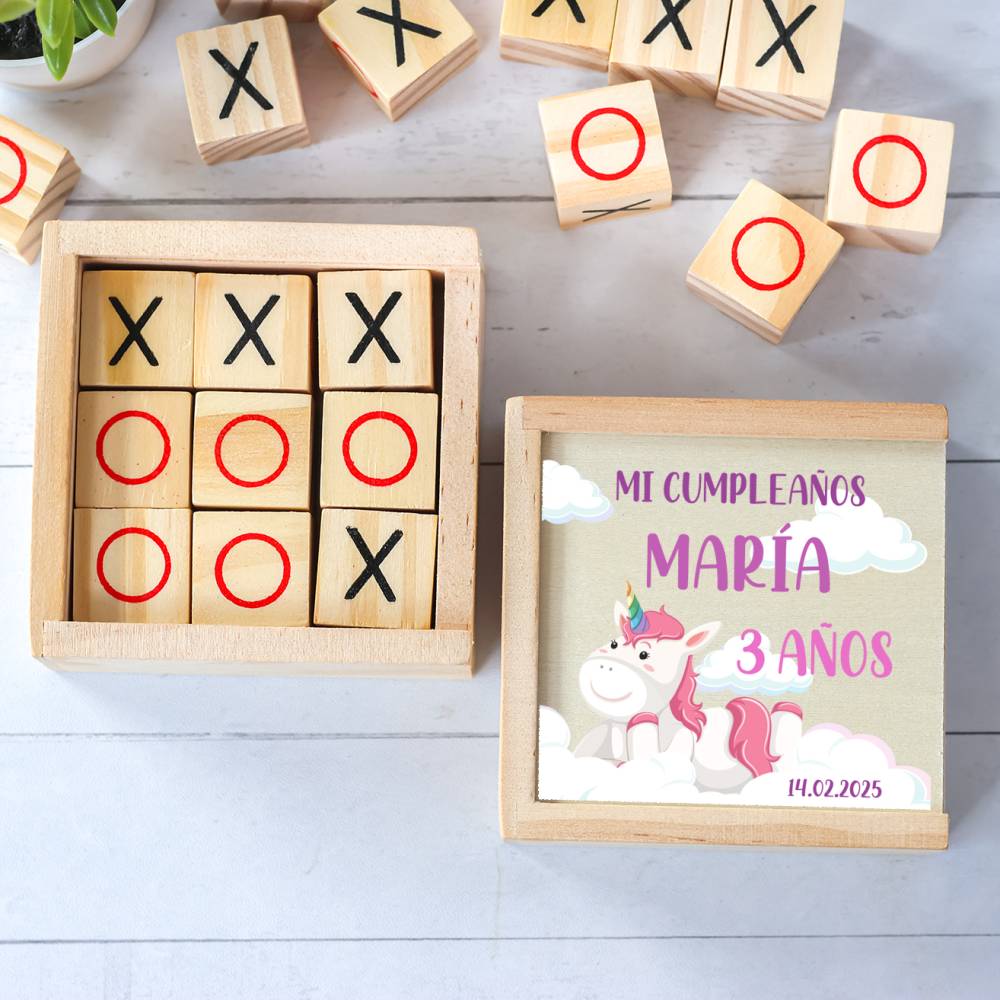 Juego 3 en raya personalizado con grabación "Unicornio" Detalles invitados cumpleaños - Juegos personalizados de cumpleaños