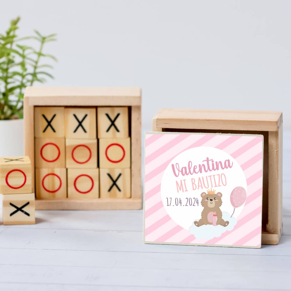 Juego 3 en raya personalizado con pegatina "Valentina" Detalles invitados bautizo - Juegos personalizados de bautizo