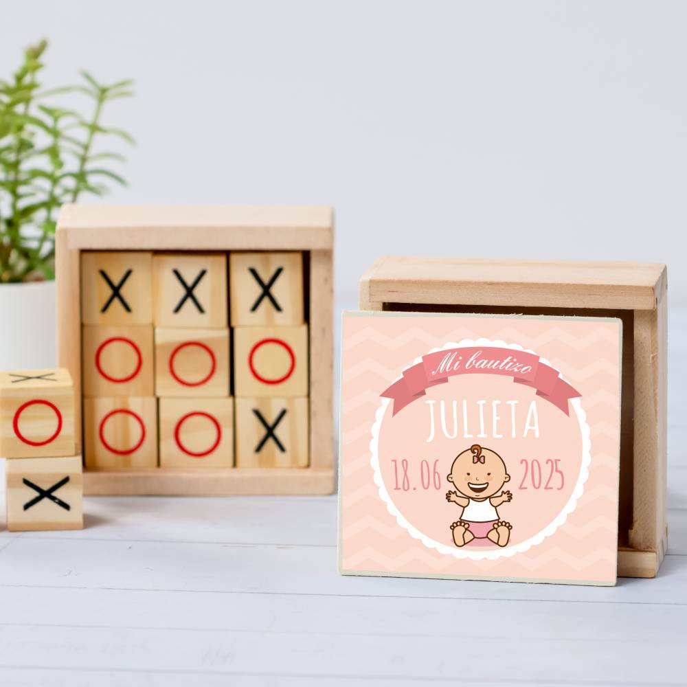 Juego 3 en raya personalizado con pegatina "Galleta" Detalles invitados bautizo - Juegos personalizados de bautizo