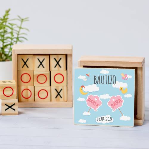 Juego 3 en raya personalizado con pegatina "Gemelas Nubes" Detalles invitados bautizo - Juegos personalizados de bautizo