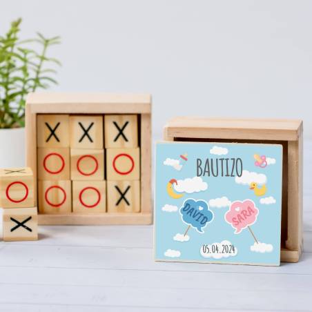 Juego 3 en raya personalizado con pegatina "Mellizos Nubes" Detalles invitados bautizo - Juegos personalizados de bautizo