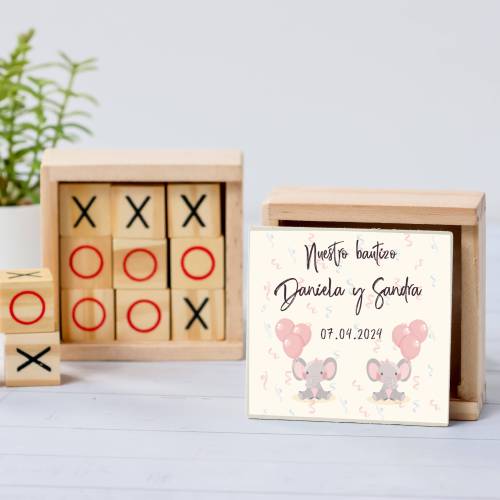 Juego 3 en raya personalizado con pegatina "Gemelas Elefantes" Detalles invitados bautizo - Juegos personalizados de bautizo