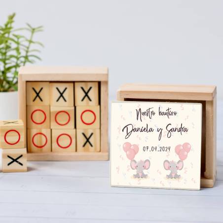 Juego 3 en raya personalizado con pegatina "Gemelas Elefantes" Detalles invitados bautizo - Juegos personalizados de bautizo