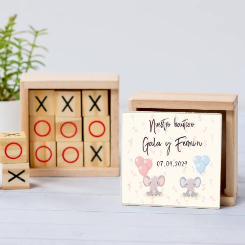 Juego 3 en raya personalizado con pegatina "Mellizos Elefantes" Detalles invitados bautizo - Juegos personalizados de bautizo