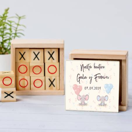 Juego 3 en raya personalizado con pegatina "Mellizos Elefantes" Detalles invitados bautizo - Juegos personalizados de bautizo