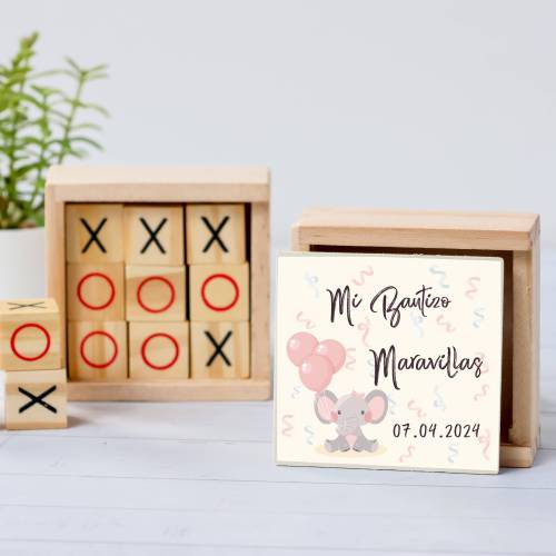 Juego 3 en raya personalizado con pegatina "Elefante Niña" Detalles invitados bautizo - Juegos personalizados de bautizo