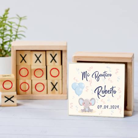 Juego 3 en raya personalizado con pegatina "Elefante Niño" Detalles invitados bautizo - Juegos personalizados de bautizo
