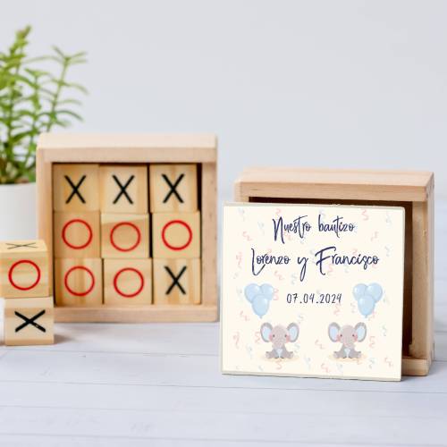 Juego 3 en raya personalizado con pegatina "Gemelos Elefantes" Detalles invitados bautizo - Juegos personalizados de bautizo