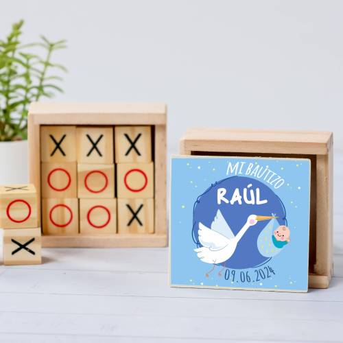 Juego 3 en raya personalizado con pegatina "Raúl" Detalles invitados bautizo - Juegos personalizados de bautizo