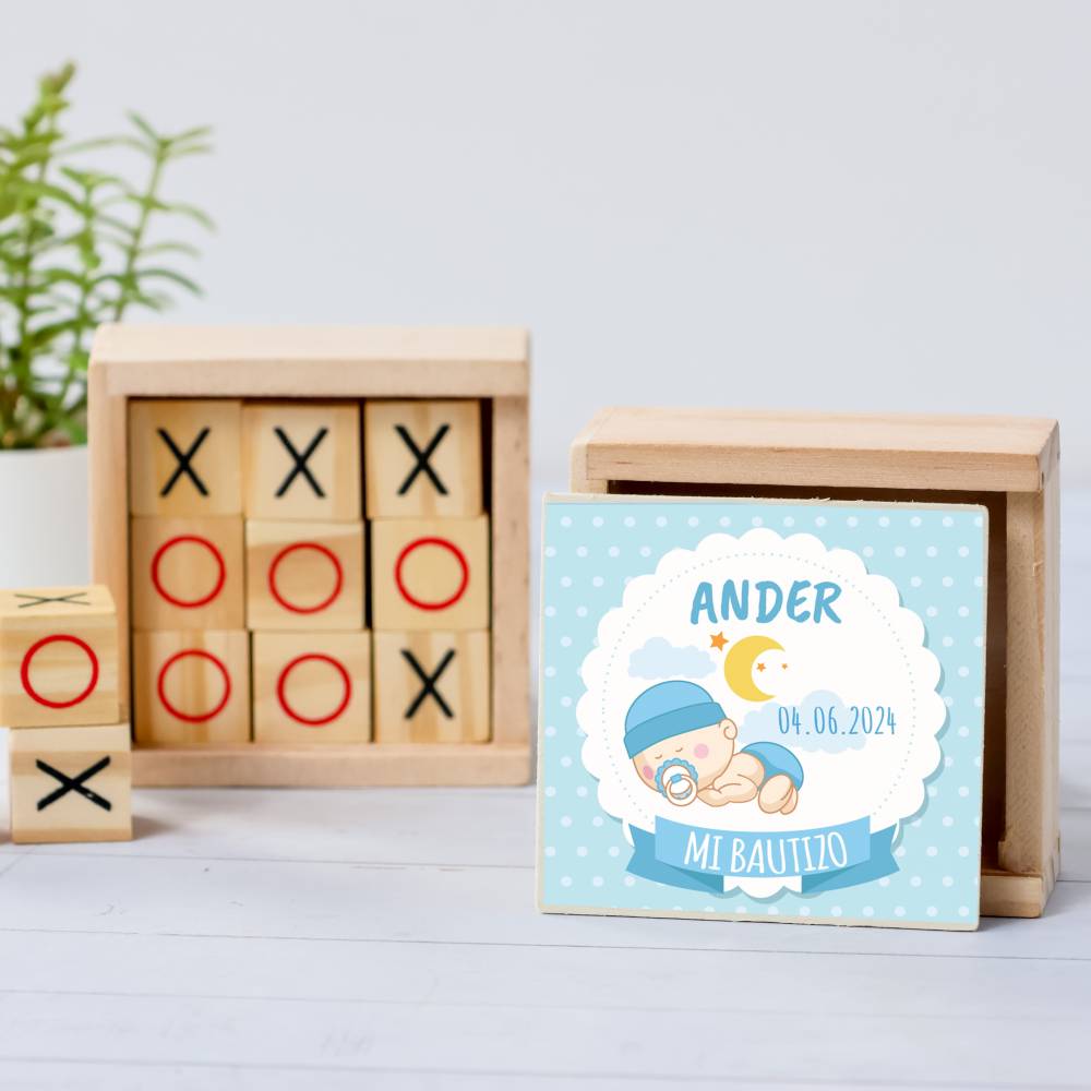 Juego 3 en raya personalizado con pegatina "Dulces Sueños" Detalles invitados bautizo - Juegos personalizados de bautizo