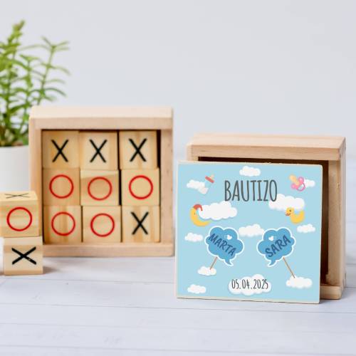 Juego 3 en raya personalizado con pegatina "Gemelos nubes" Detalles invitados bautizo - Juegos personalizados de bautizo