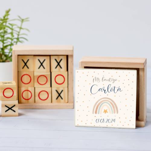 Juego 3 en raya personalizado con pegatina "Arcoíris" Detalles invitados bautizo - Juegos personalizados de bautizo