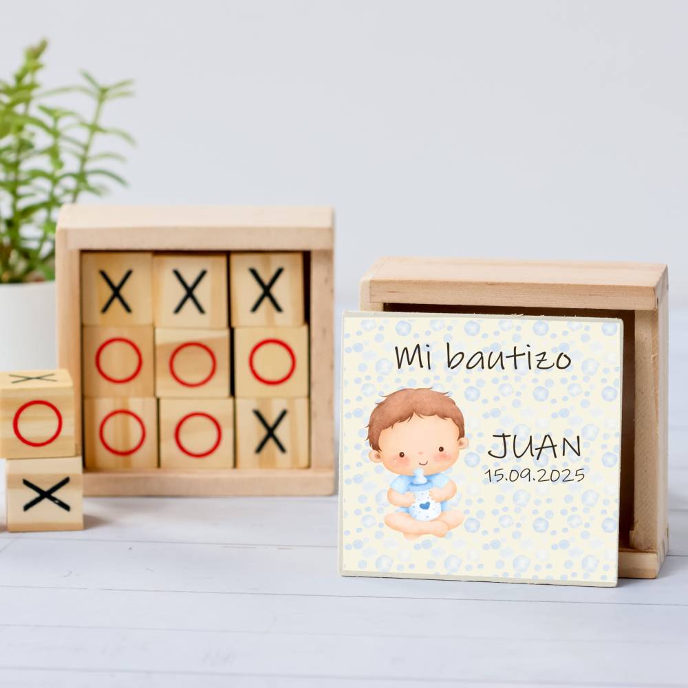Juego 3 en raya personalizado con pegatina "Bebé Niño" Detalles invitados bautizo - Juegos personalizados de bautizo