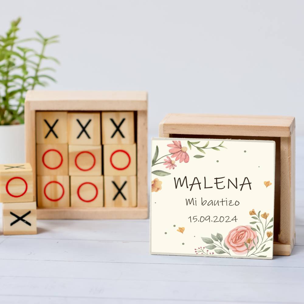 Juego 3 en raya personalizado con pegatina "Flores" Detalles invitados bautizo - Juegos personalizados de bautizo