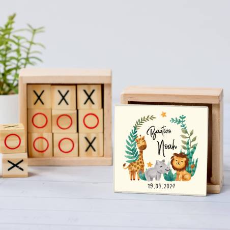 Juego 3 en raya personalizado con pegatina "Selva" Detalles invitados bautizo - Juegos personalizados de bautizo