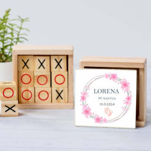 Juego 3 en raya personalizado con pegatina "Huellas Niña" Detalles invitados bautizo - Juegos personalizados de bautizo