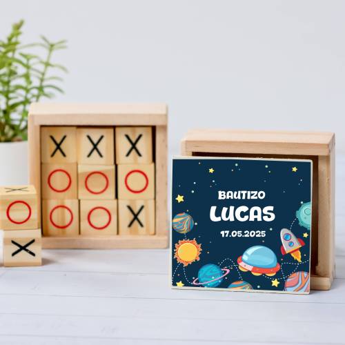 Juego 3 en raya personalizado con pegatina "Espacio" Detalles invitados bautizo - Juegos personalizados de bautizo