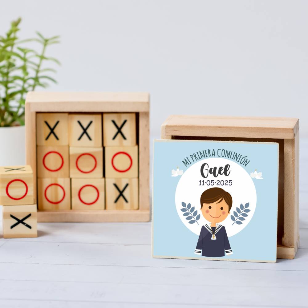 Juego 3 en raya personalizado con pegatina "Miguel León" Detalles invitados comunión - Juegos personalizados de comunión